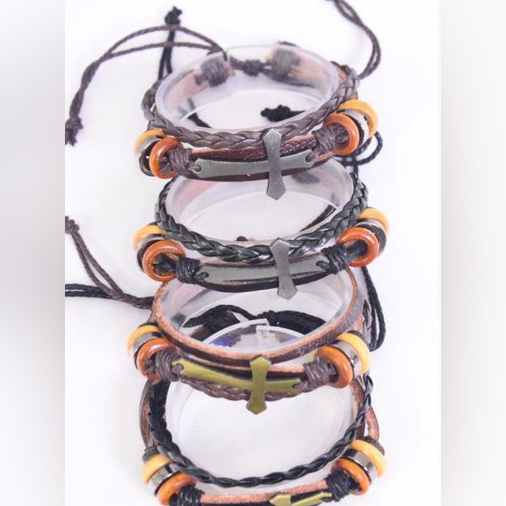 25793 Six Pack of Real Leather Band Cross 2 Strand Leathers Bracelet Wholesale